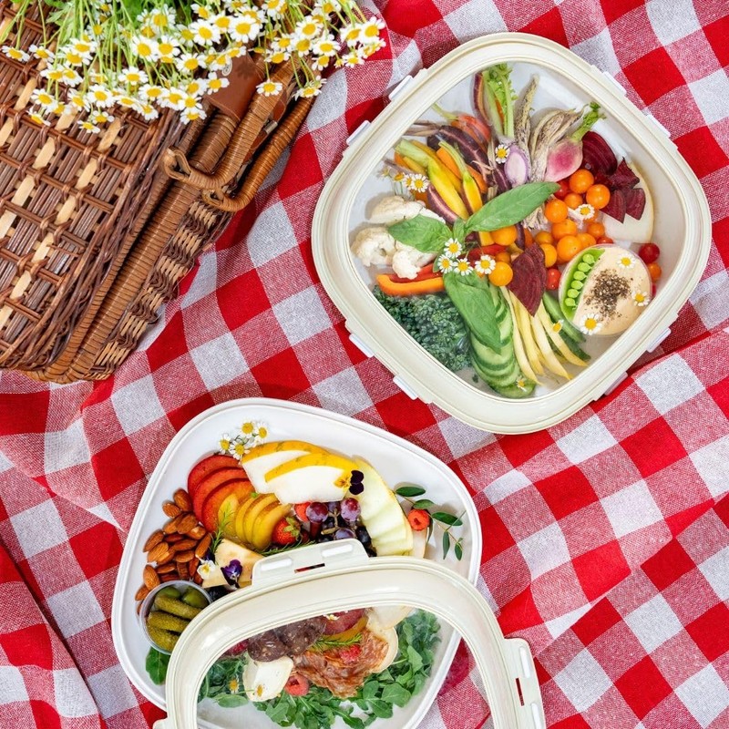 | Portable Snack Tray | Square 2-Pack | Cream White | Reversible Stretch Lid ... gallery