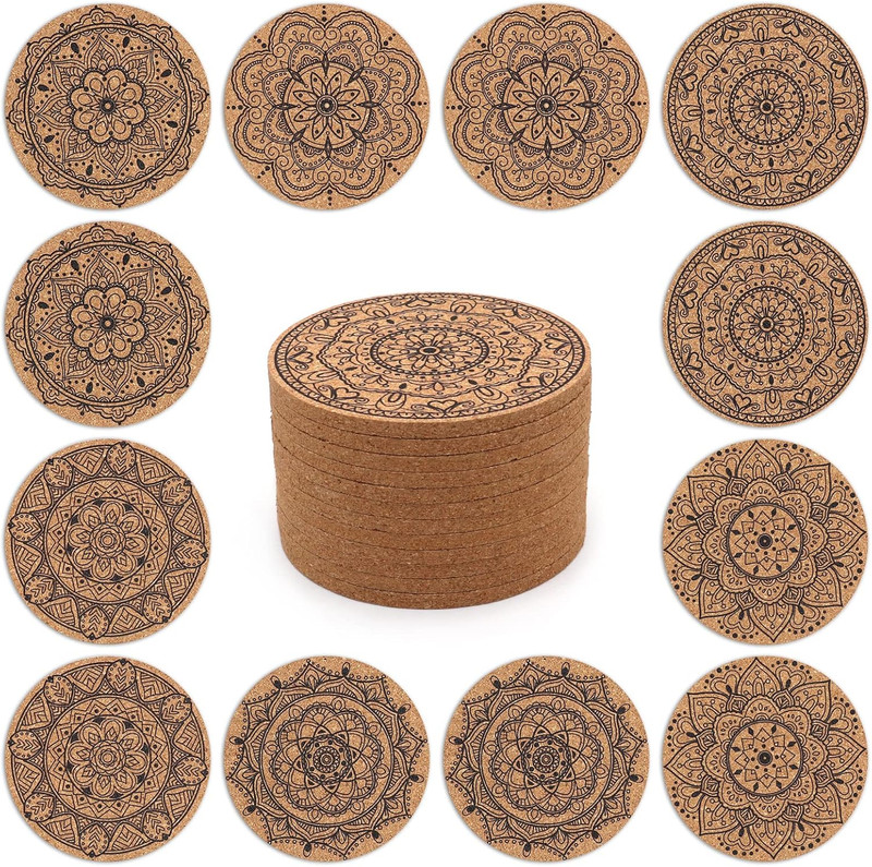 12 Pack Cork Coasters Round Absorbent Drink Pads Decorative Patterns Home Set gallery