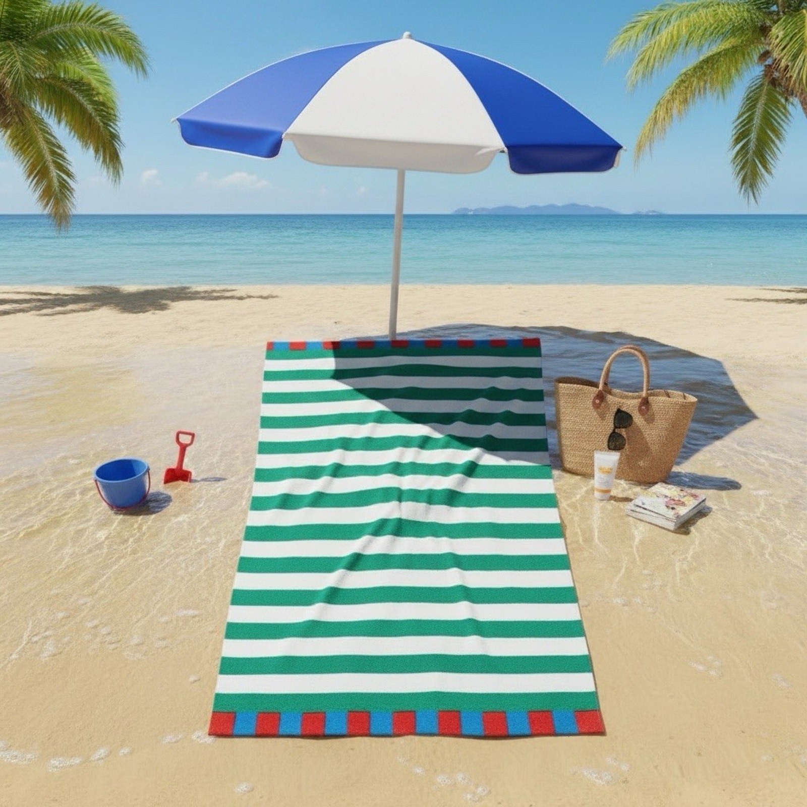 Sun Squad Striped Beach Towel Green/White 32in X 62in 100% Cotton gallery