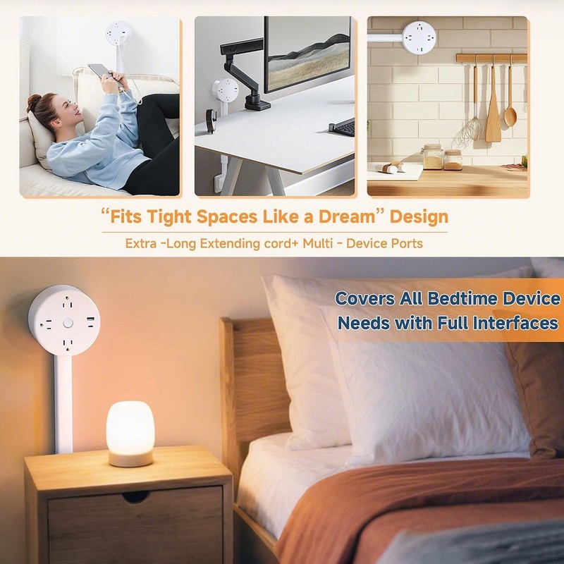 Round Electrical Outlet Expander Power Socket Rotating Extender Nightstands Desk gallery