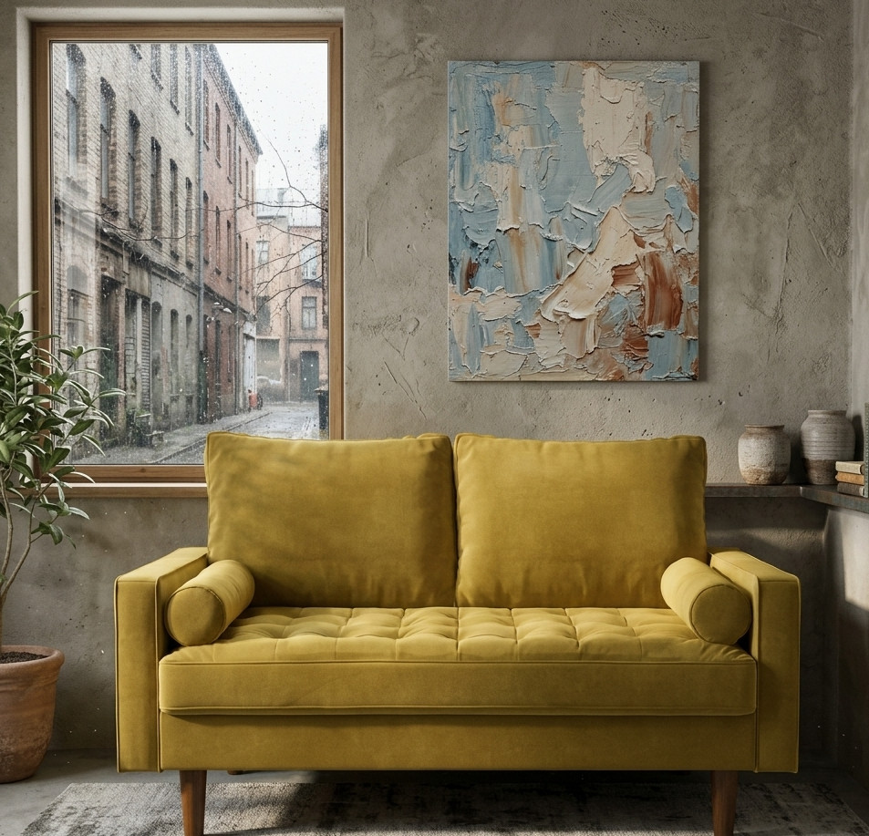 58" Sectional Loveseat Sofa Couch Mid Century Modern Small Space Mustard yellow gallery
