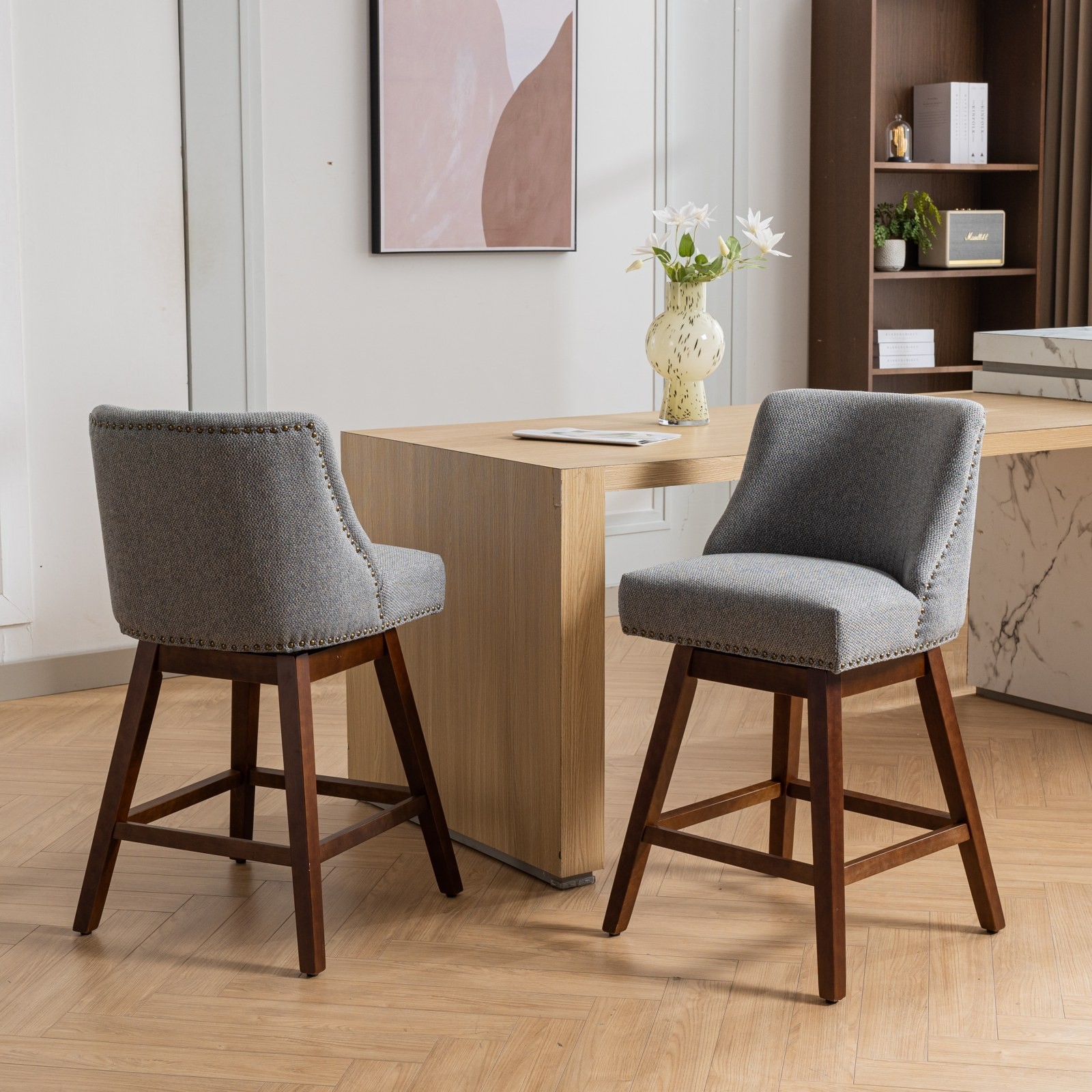 26" Swivel Counter Height Bar Stools Chair Set of 2 Barstools Upholstered Wood gallery