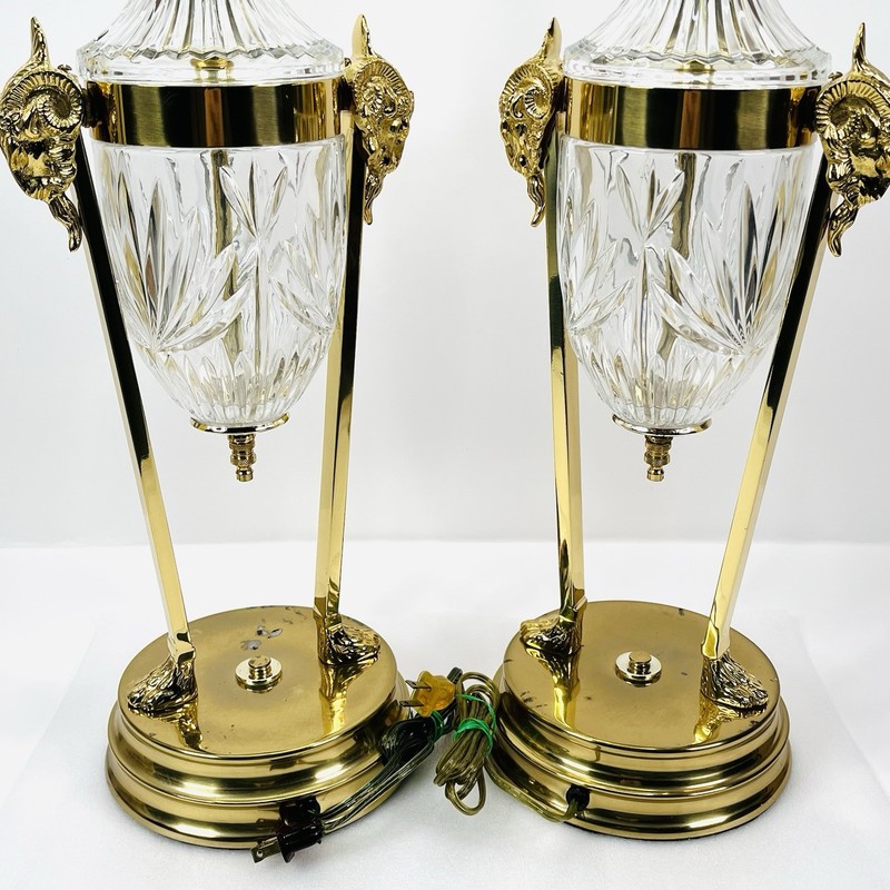 Vintage Regency Rams Head Brass & Crystal Lamps Both Work BEAUTIFUL QUALITY gallery