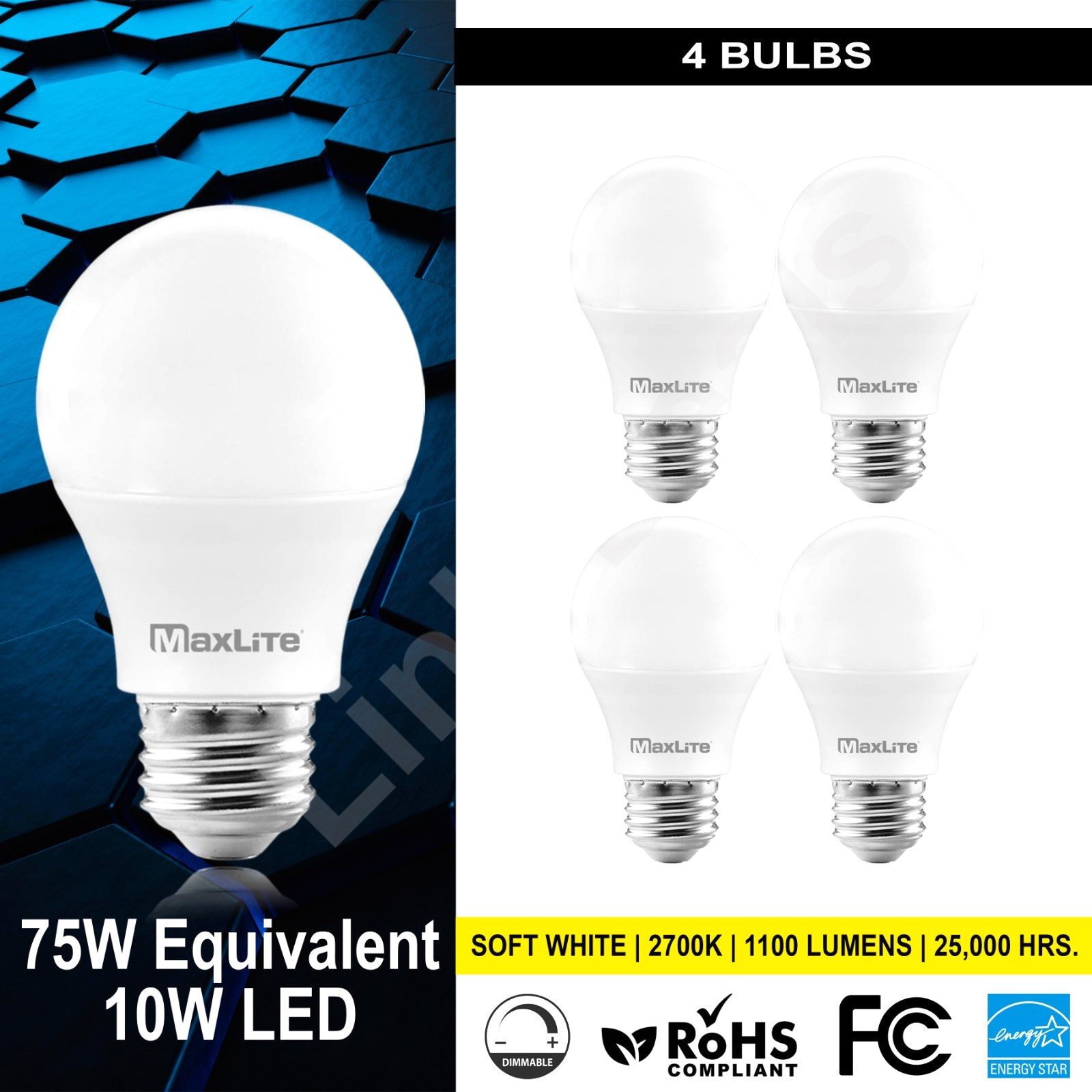4 Bulb Maxlite 75W Equivalent 10W LED Light Bulb A19 Soft White 2700K Dimmable gallery
