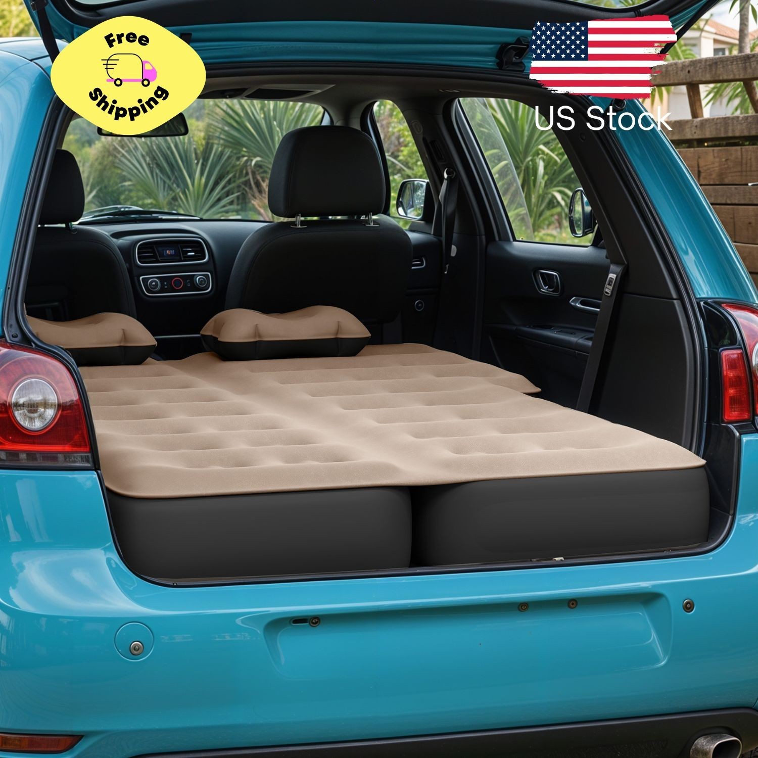 Inflatable Car Air Mattress with Pump, Portable SUV Air Bed with Pillows, Brown gallery