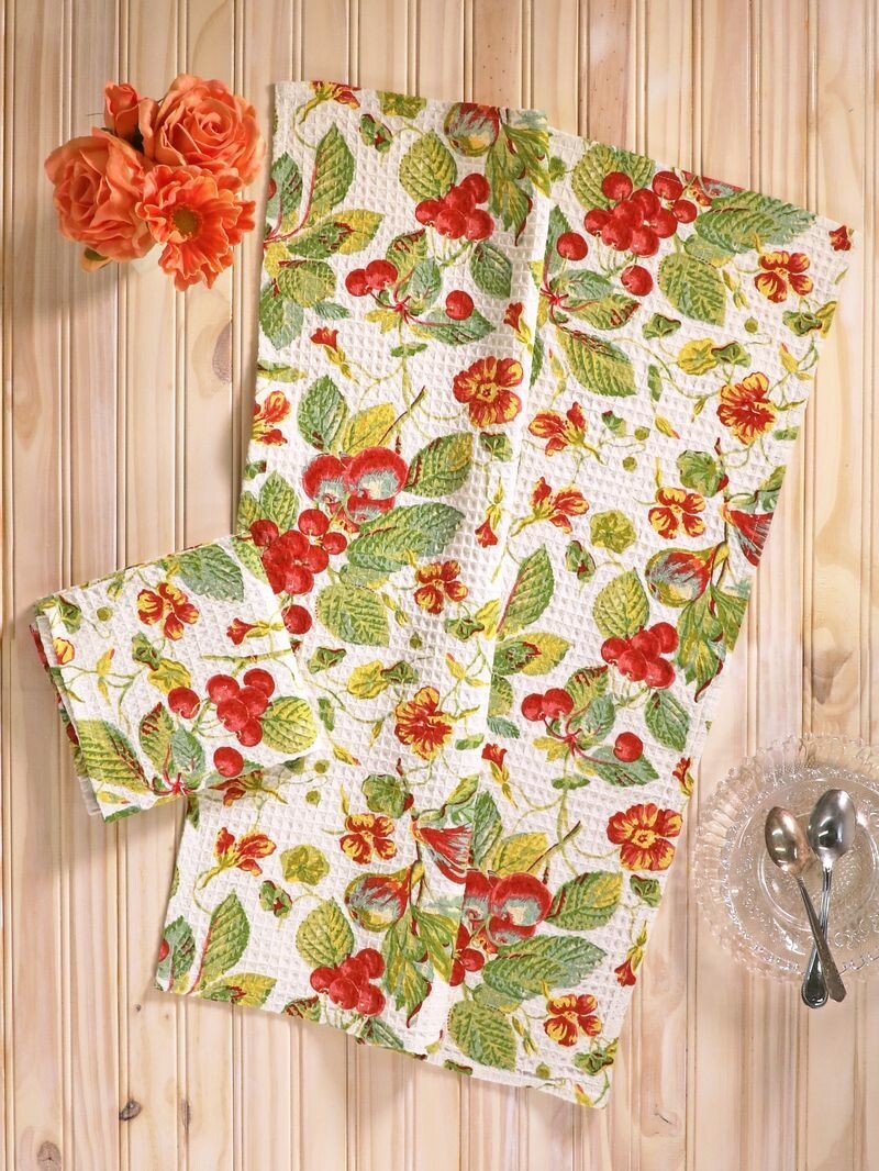 April Cornell In the Garden Cherry Print Tea Towel Set of 2 Red Green Yellow gallery