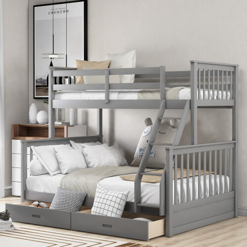 Twin Over Full Bunk Bed W/ Storage Drawers Wood Platform Beds Bedroom Furniture gallery