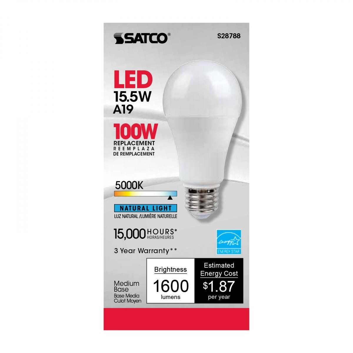 Satco S28788 - 15.5 Watt A19 LED Light Bulbs - 5000K - 120 Volts (6 Pack) gallery