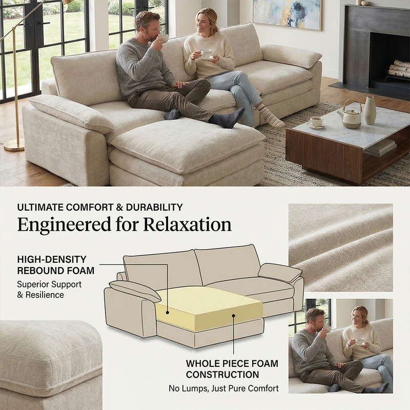 Oversized L-Shaped Boneless Couch, Modular Sectional Sofa Bed W/ Movable Ottoman gallery