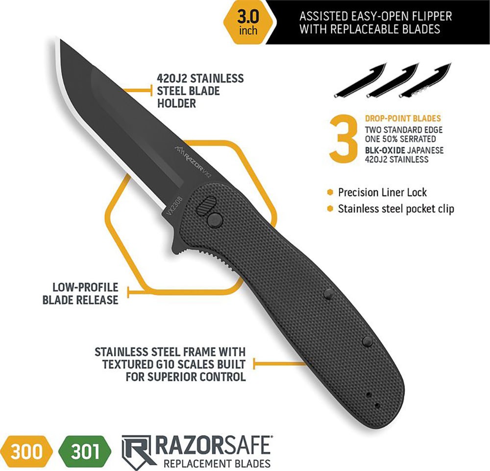 Outdoor Edge VX230B Razor VX2 EDC 3" Folding Knife w/ Black Textured G10 Handle gallery