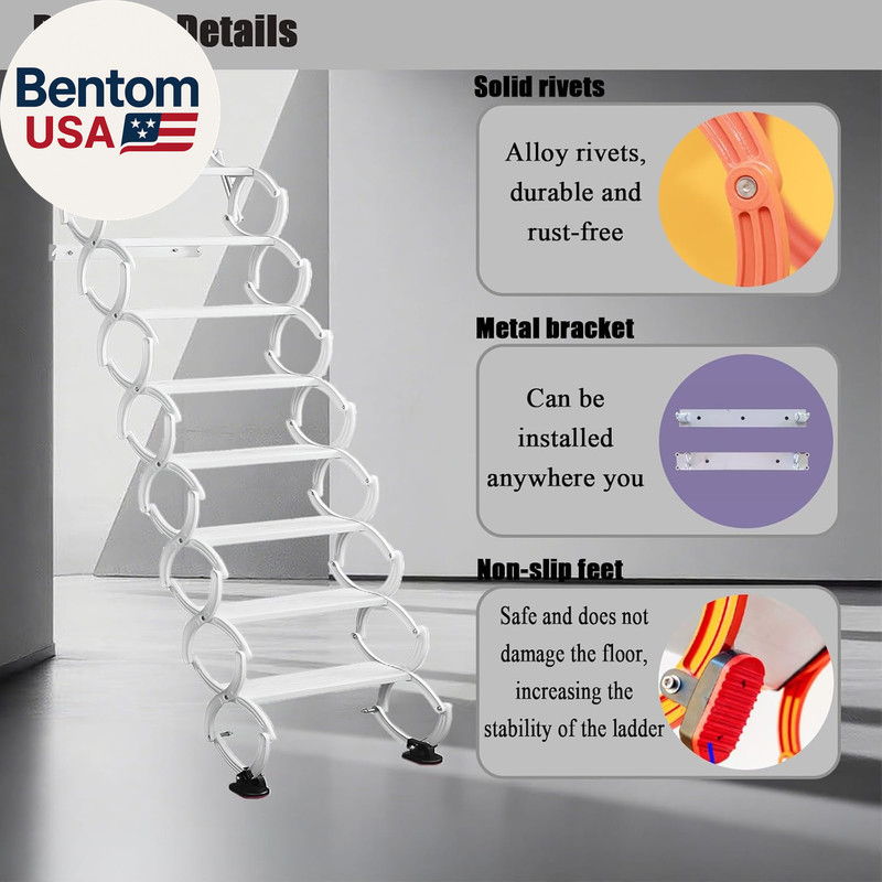 10FT Pull down Attic Stairs, 12 Steps Wall Mounted Folding Loft Ladder,Extension gallery