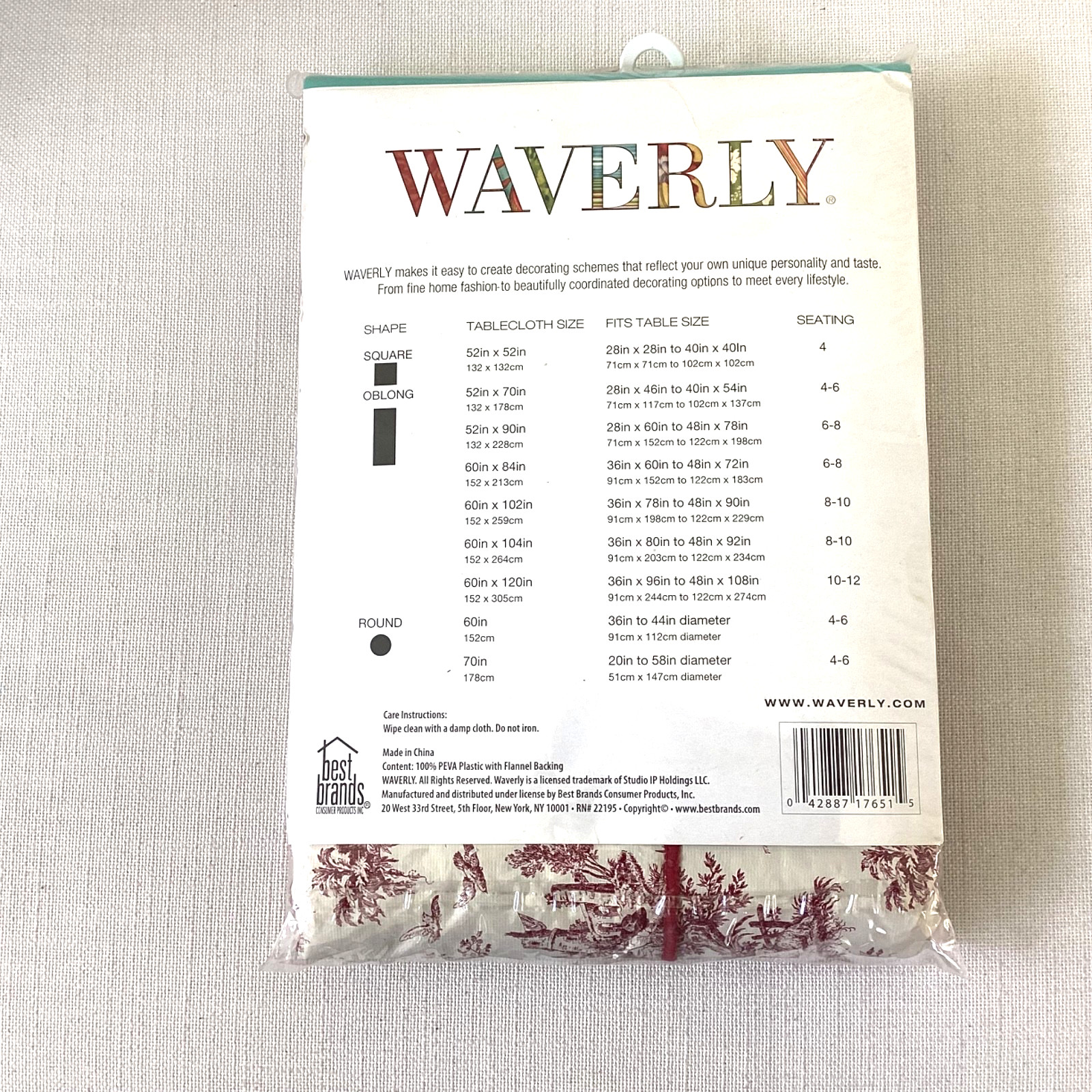NEW! WAVERLY Peva Flannelback Red Toile Tablecloth-Oblong 52”x90”Traditional gallery