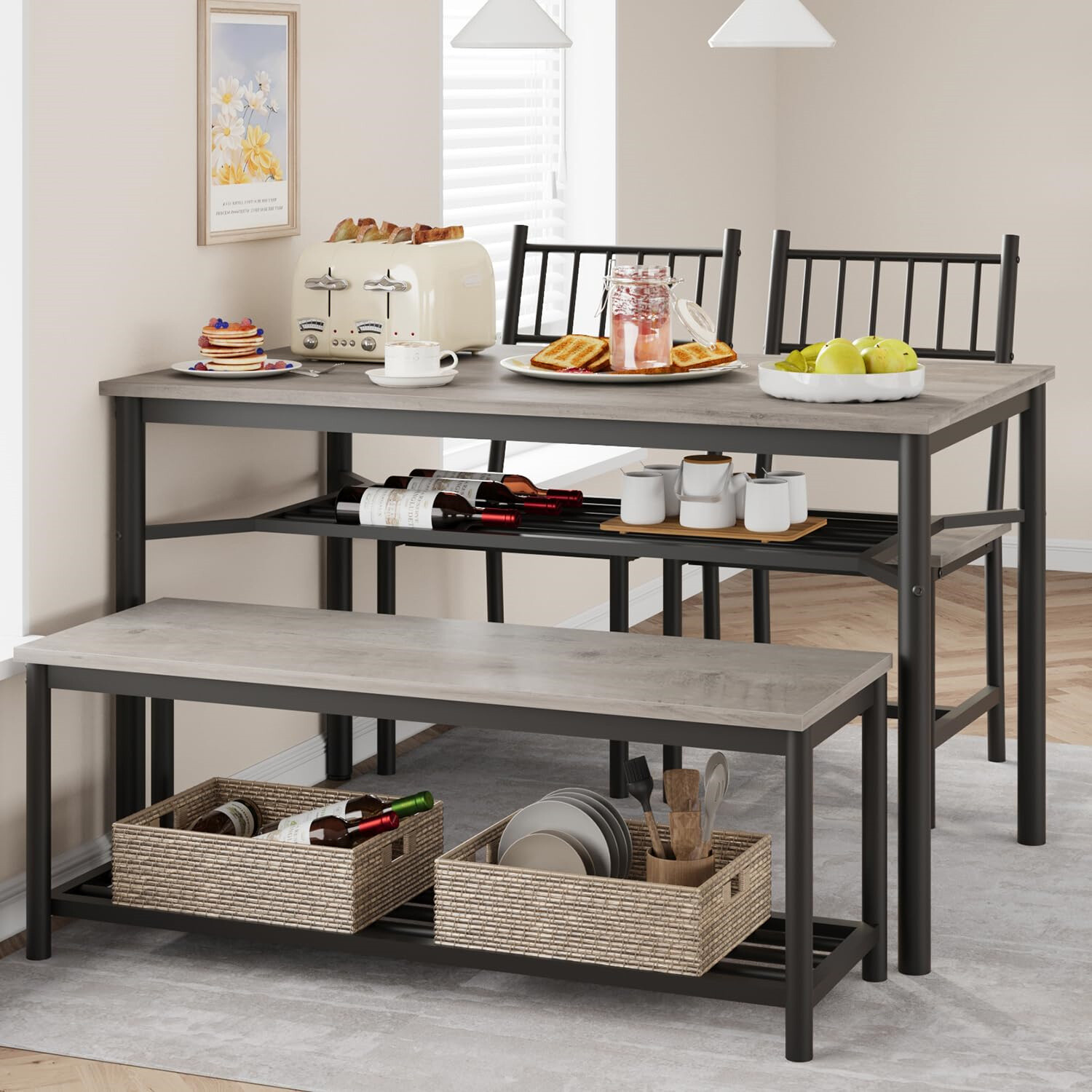 ✅Dining Table Set for 4 Kitchen Table and 2 Chairs with Storage Bench Dining Set gallery