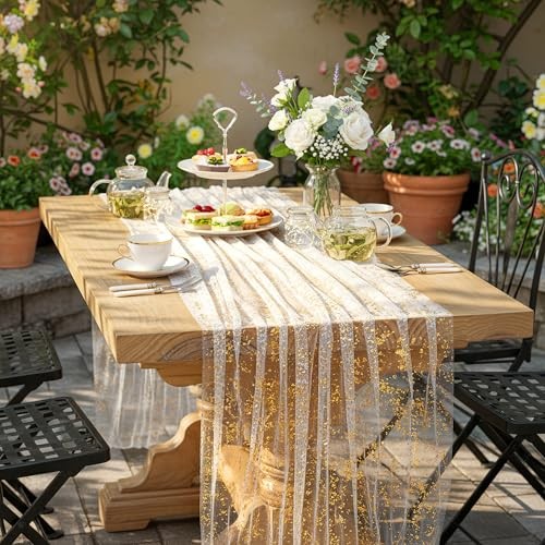 Gauze Table Runner 120 Inch 10FT, Sequin Metallic Foil 28"x120" Beige Gold gallery