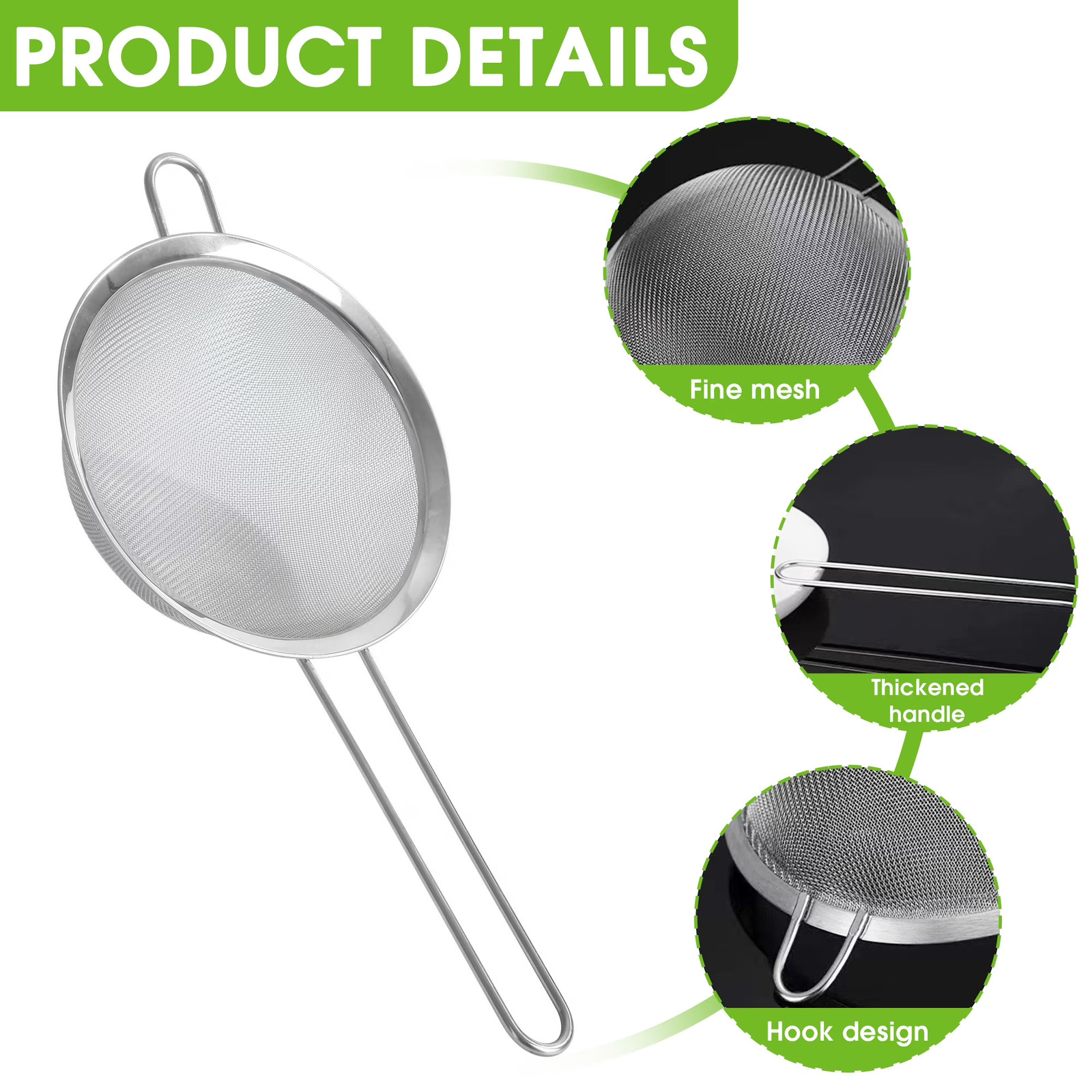 3-Piece Stainless Steel Fine Mesh Strainer Set, 4", 6", and 8", Kitchen Thin gallery