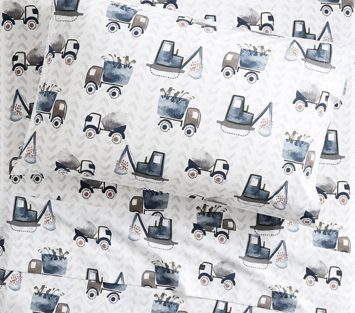 Pottery Barn Henry Construction Vehicles Sheet Set Blue Queen Truck Bulldozer 4p gallery