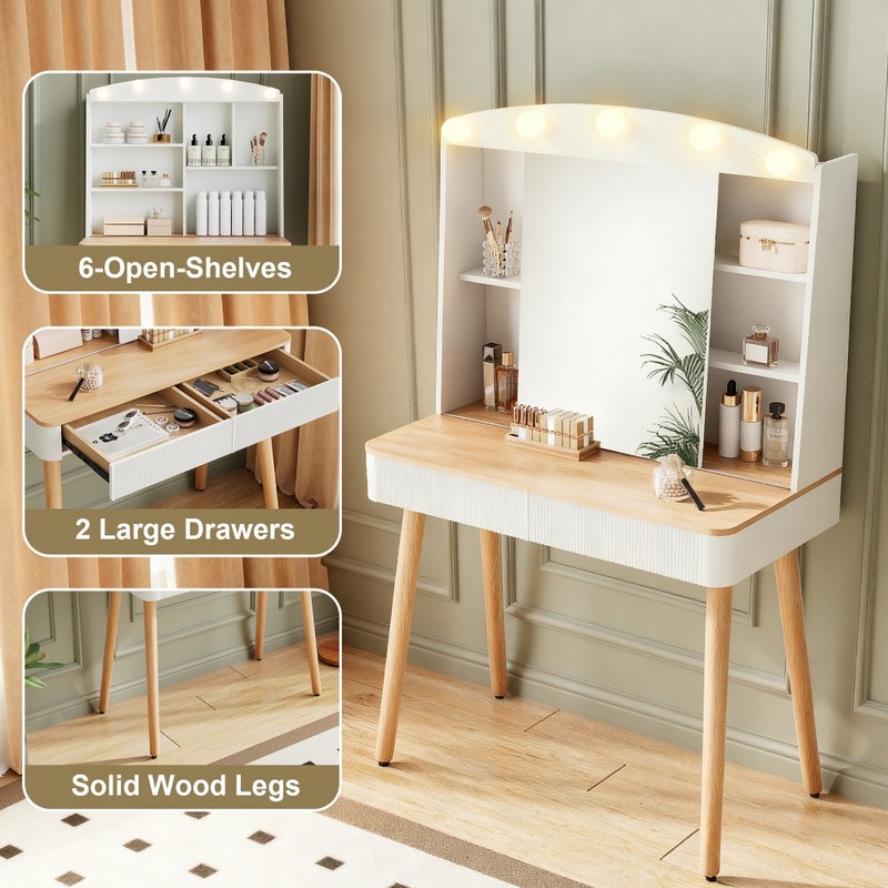 Dressing table W sliding mirror, two grooved drawers, and color changing light gallery