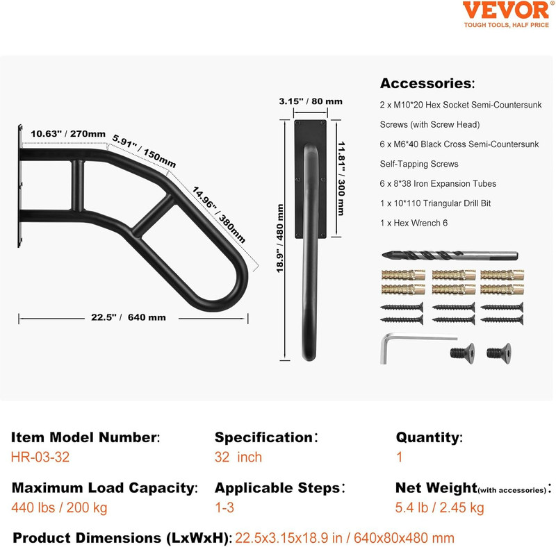 Handrails for Outdoor Steps, 32" Length Wall Mount Safety Railings for 1-3 Steps gallery