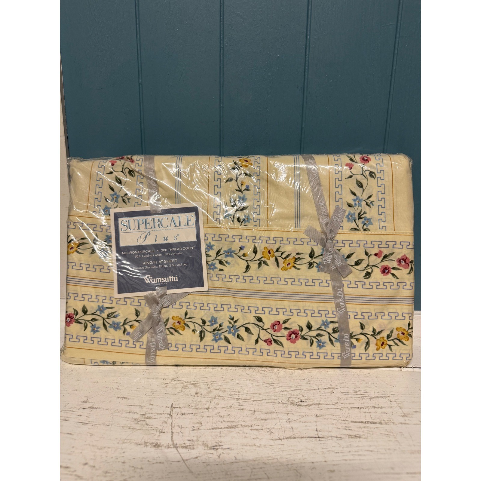 Wamsutta Supercale Plus King Flat Sheet Floral Greek Key Percale 200TC Made USA gallery