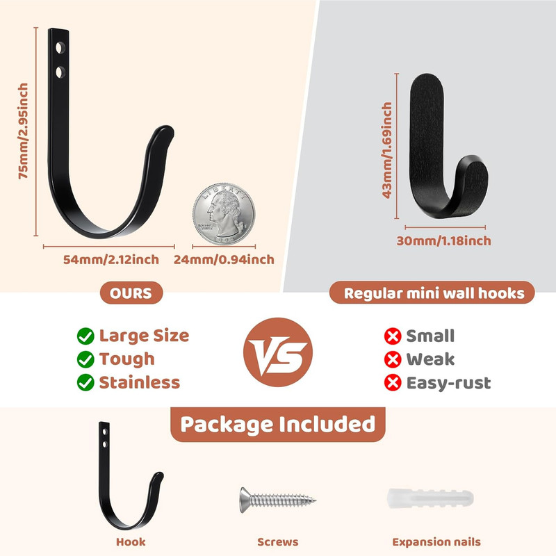 Wall Hooks for Hanging, Large Coat Hooks Wall Mount, Heavy Duty Screw in Metal H gallery