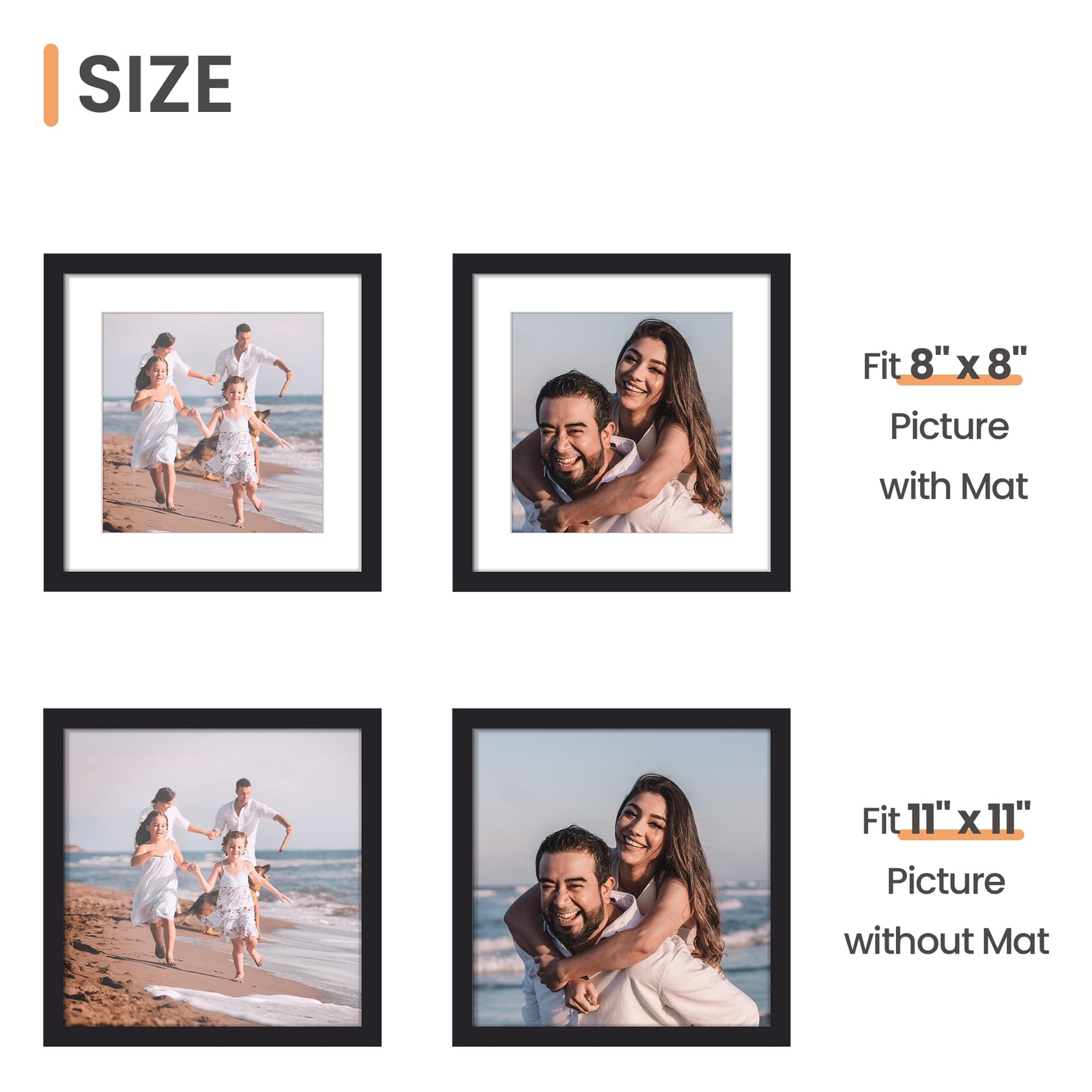 11x11 Picture Frame in Black - Horizontal and Vertical Formats for 11x11 gallery