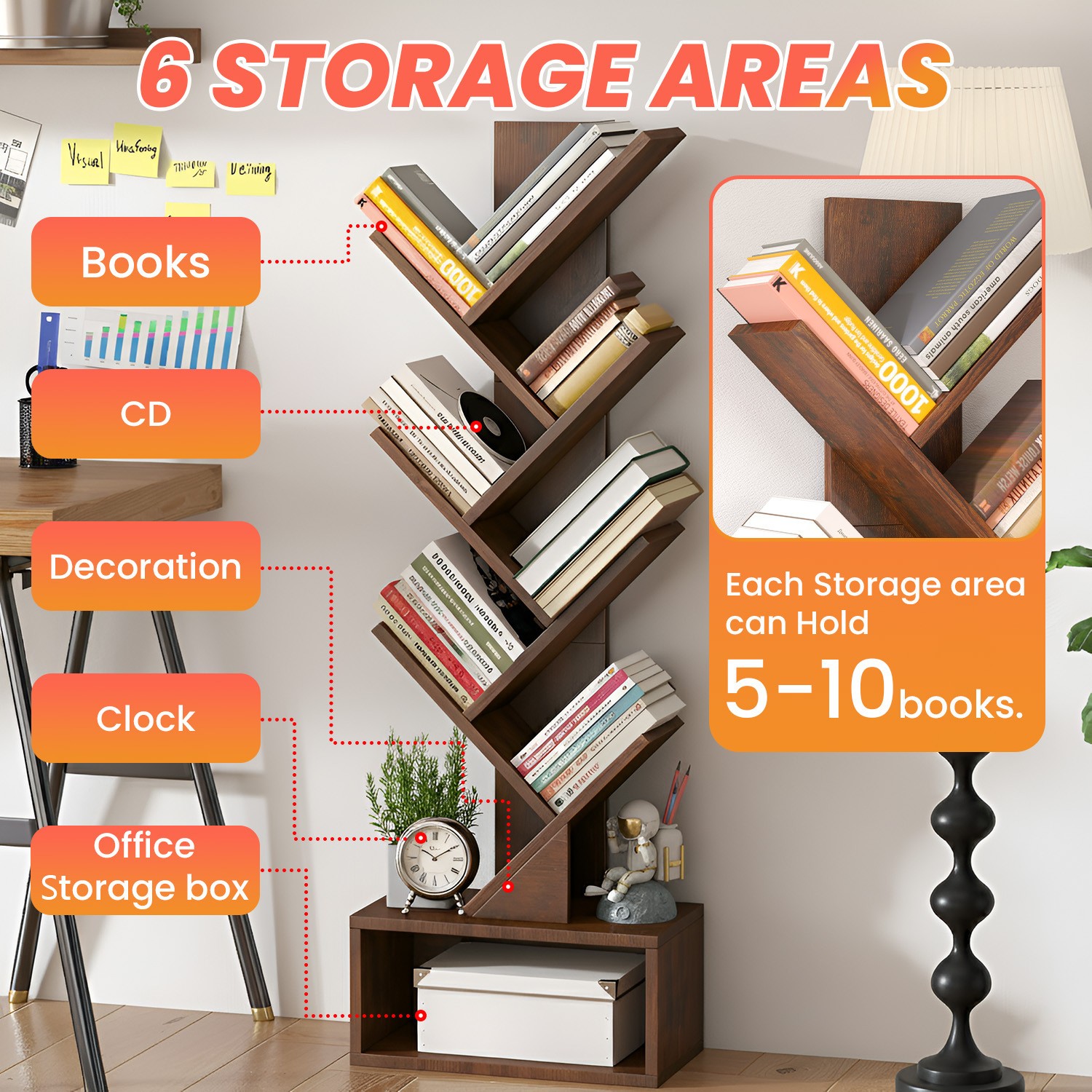 7 Tier Tree Bookshelf, Rustic Brown Floor Standing Bookcase with Storage Cabinet gallery