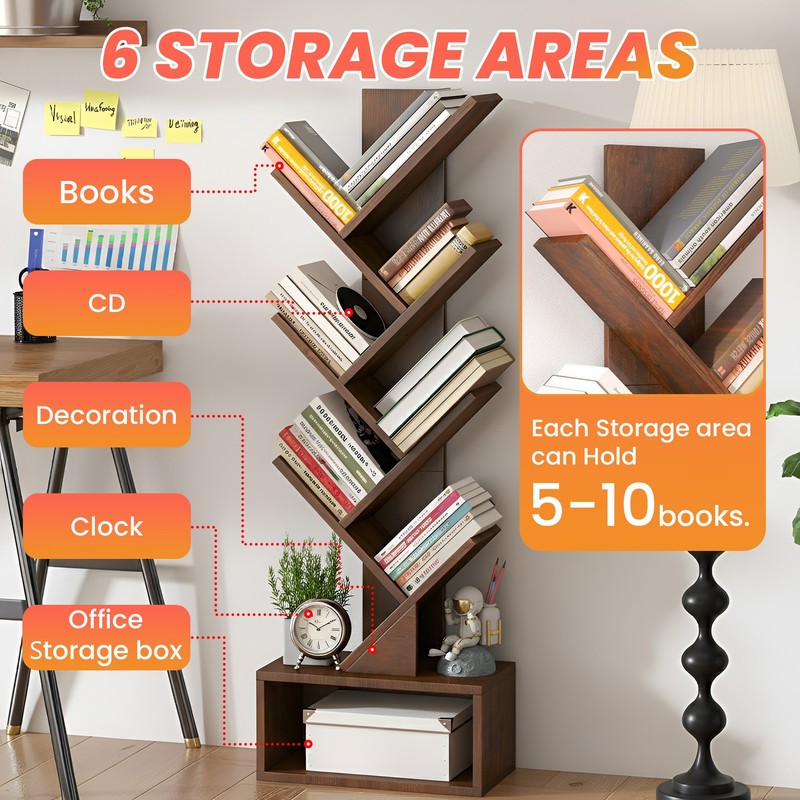 7 Tier Tree Bookshelf, Rustic Brown Floor Standing Bookcase with Storage Cabinet gallery