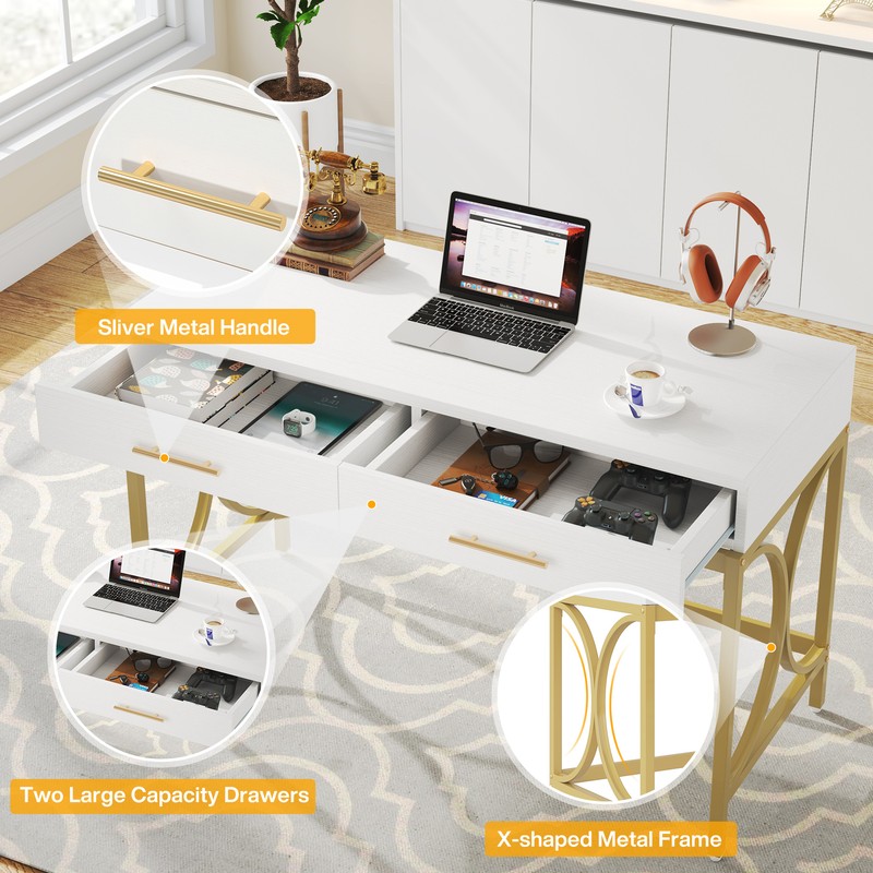 White Gold Computer Desk 2 Drawer Study Writing Table for Home Office Wood Metal gallery