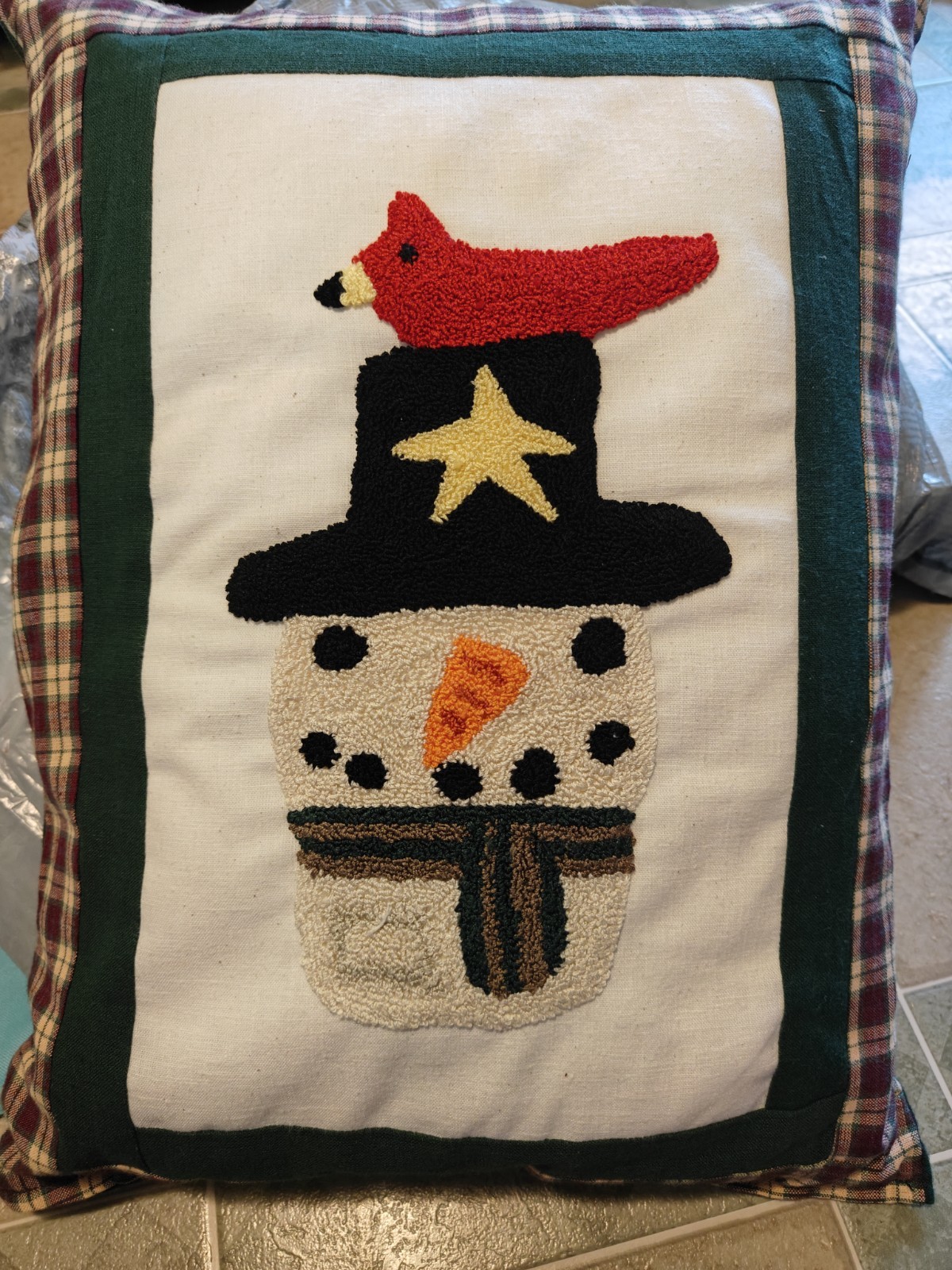Primitive Snowman Cardinal Pillow Needle Punch Art Plaid Handmade 16" X 12" gallery