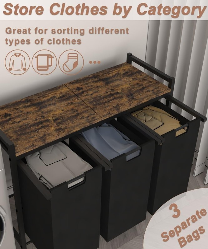 NEW Laundry Hamper 3 Bag Sorter Pull Out Removable Rustic Brown Black gallery