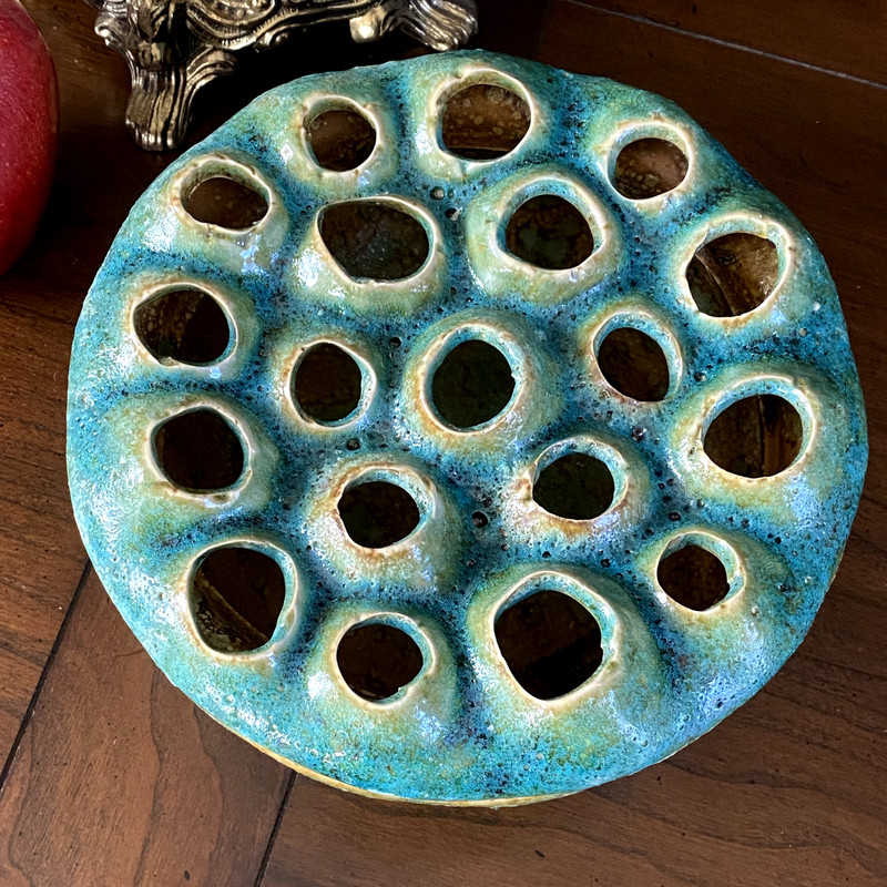 Art Pottery Turquoise-colored Creative Co-Op Lotus Vase Flower Frog Bowl gallery