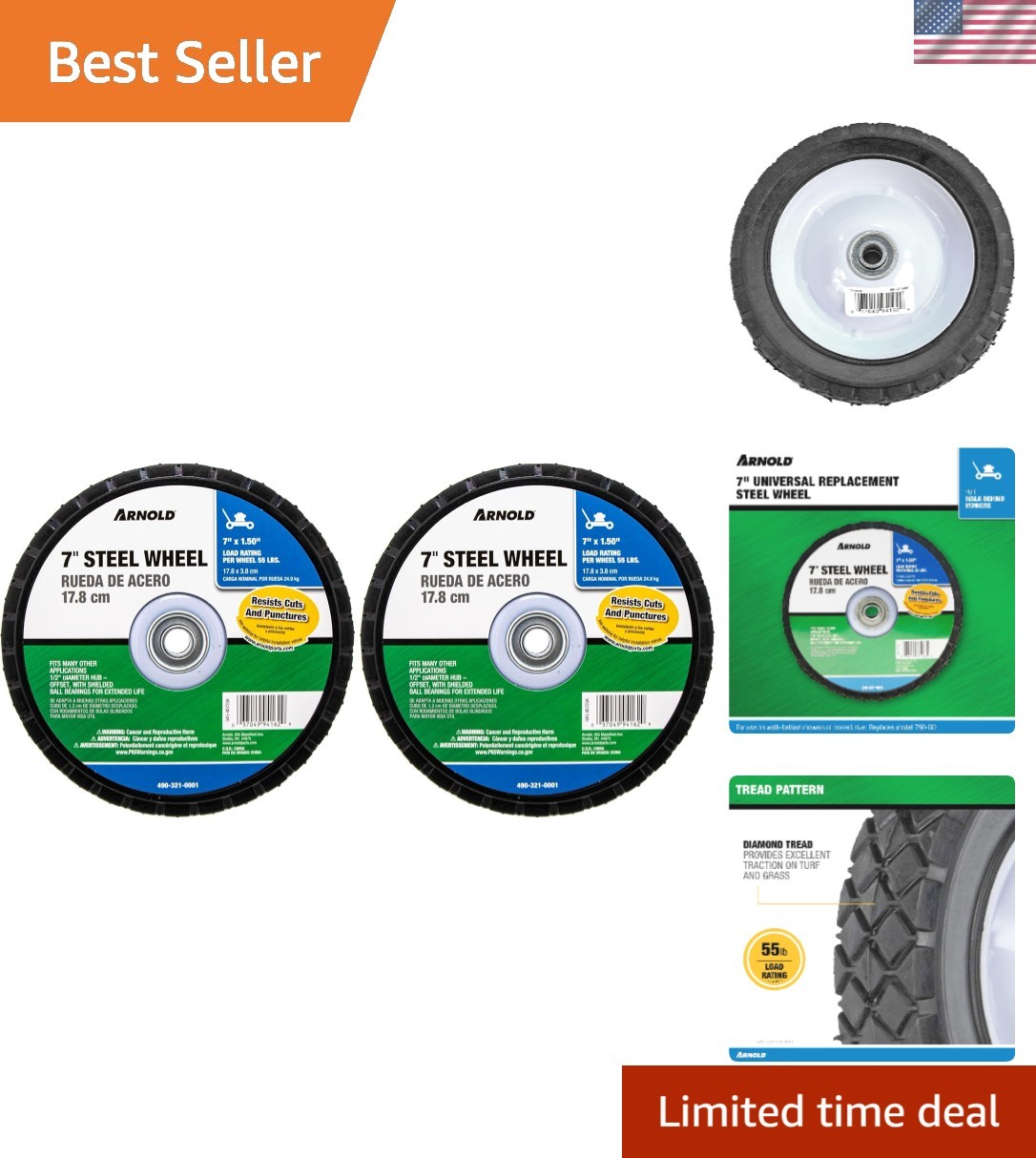 7" Universal Replacement Steel Wheel with 55 lb. Load Rating, Black Pack of 2 gallery