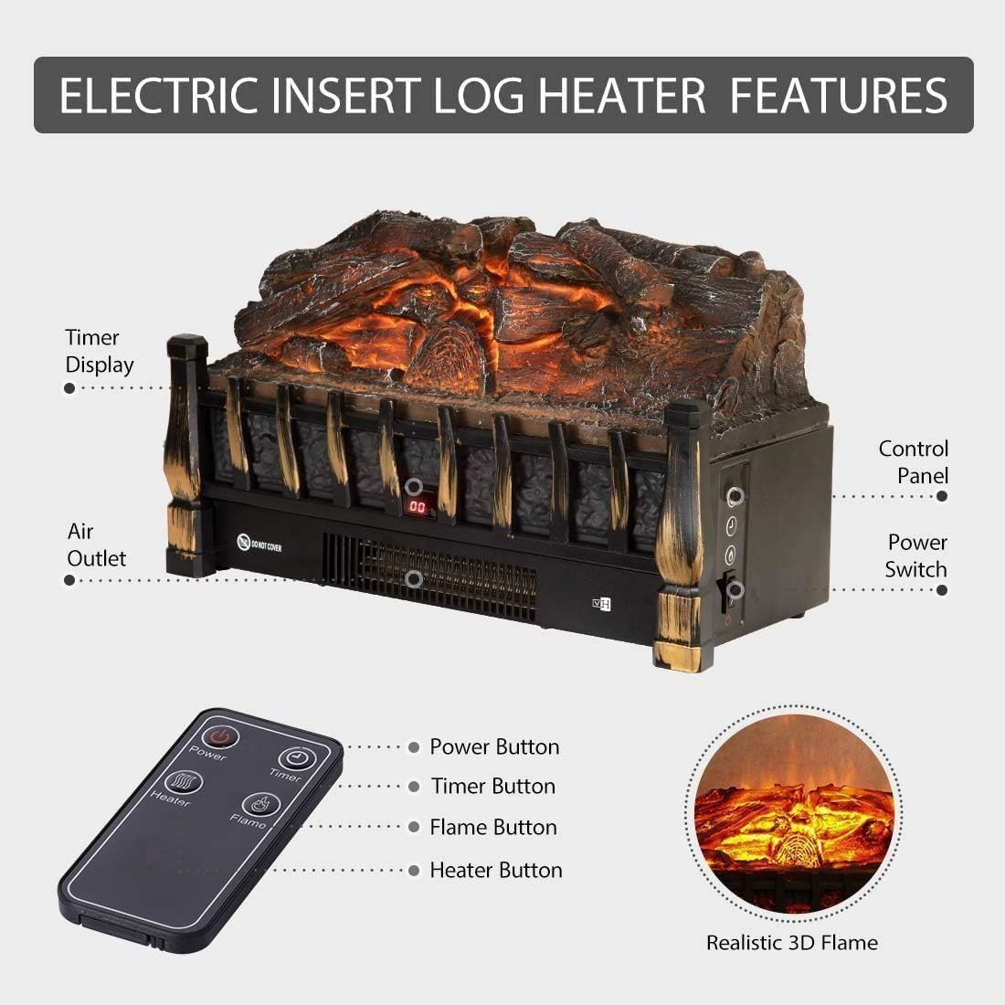 Electric Fireplace Log Insert 20 Inch Quartz Ember Heater Remote gallery