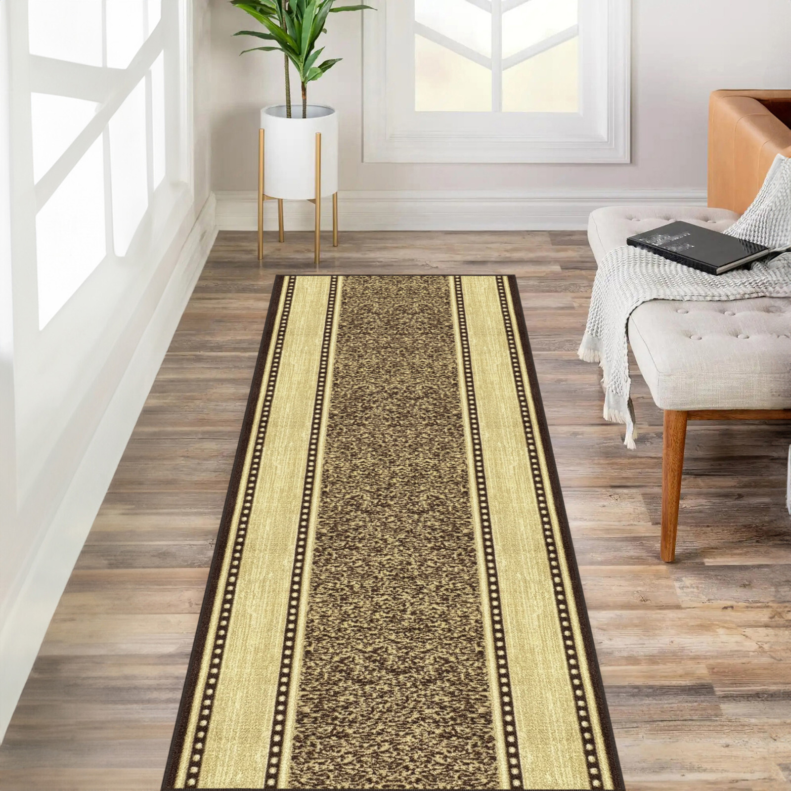 Custom Size Stair Hallway Runner Rug Non Slip Rubber Back Brown & Beige Border gallery
