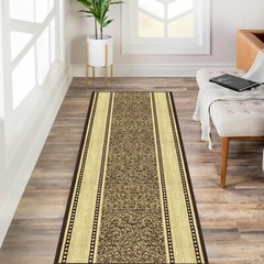 Custom Size Stair Hallway Runner Rug Non Slip Rubber Back Brown & Beige Border