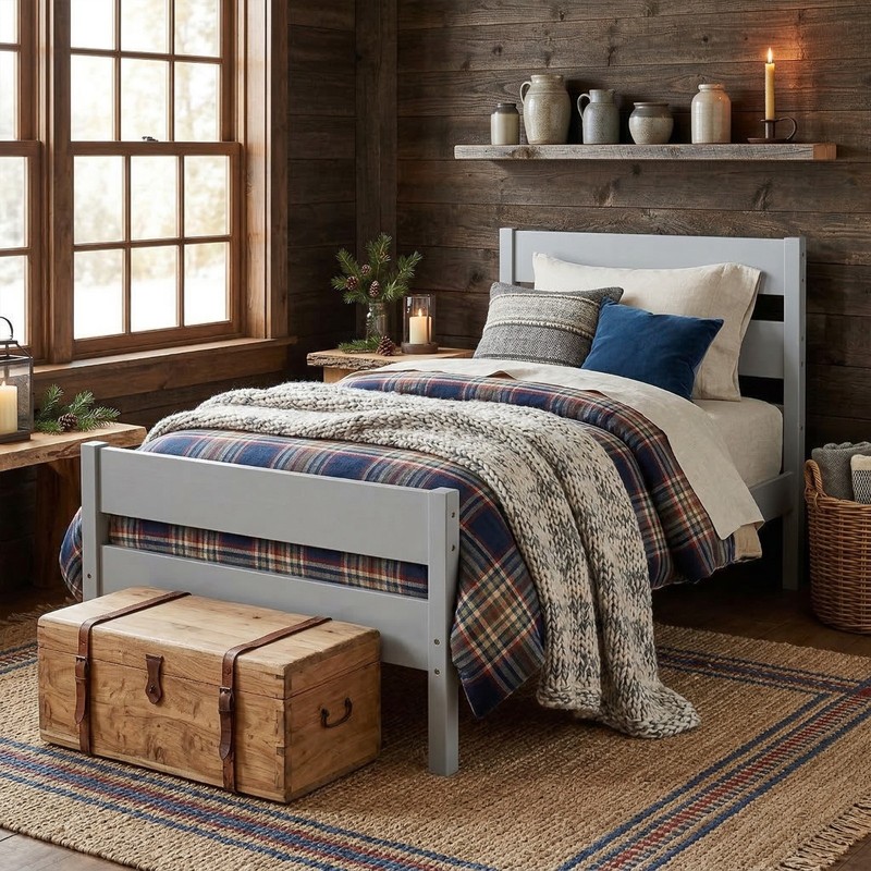 Gray Twin Size Platform Bed Frame Solid Pine Wood with Slat Support gallery