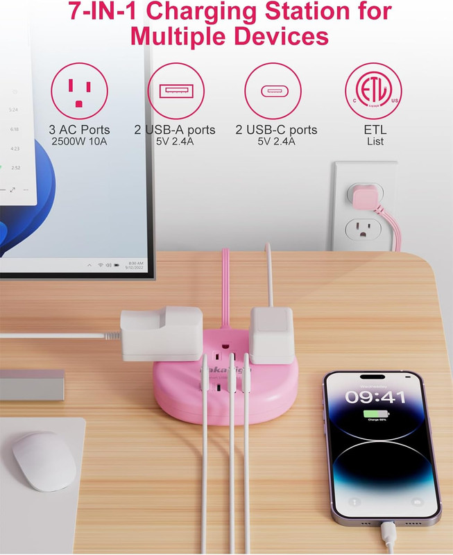 Pink Extension Cord with Surge Protected 1080J - 5 FT Kawaii Power Strip, 1625W gallery