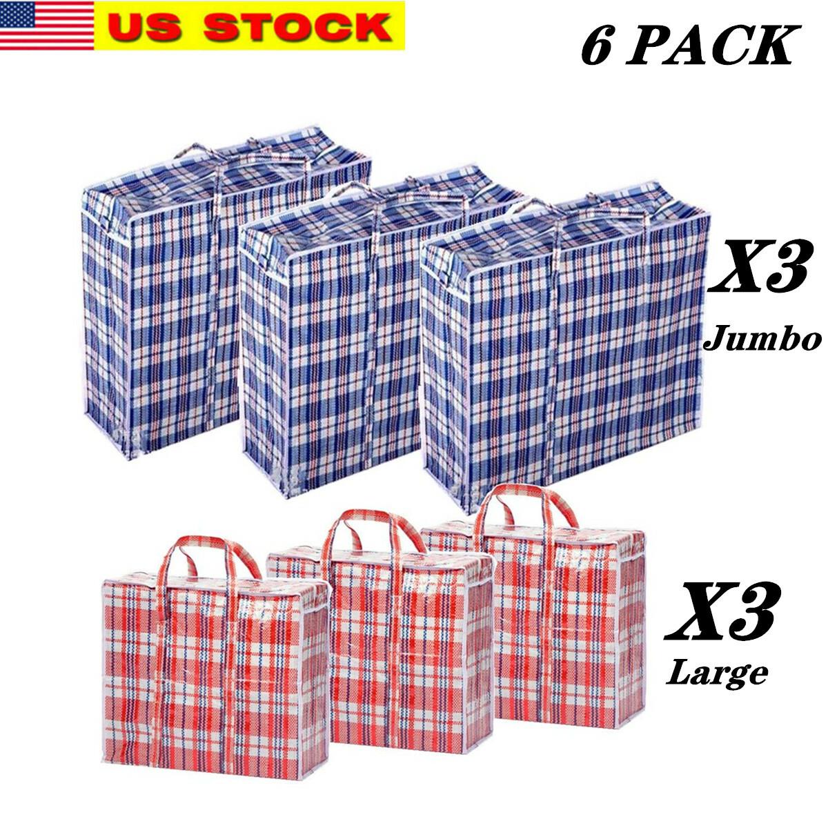 6 Pc Reusable Large Jumbo plastic Shopping Laundry Moving Storage Bag Zipper gallery