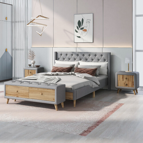 Full Queen Size Bedroom Sets Upholstered Platform Bed Frames Nightstands Bench gallery