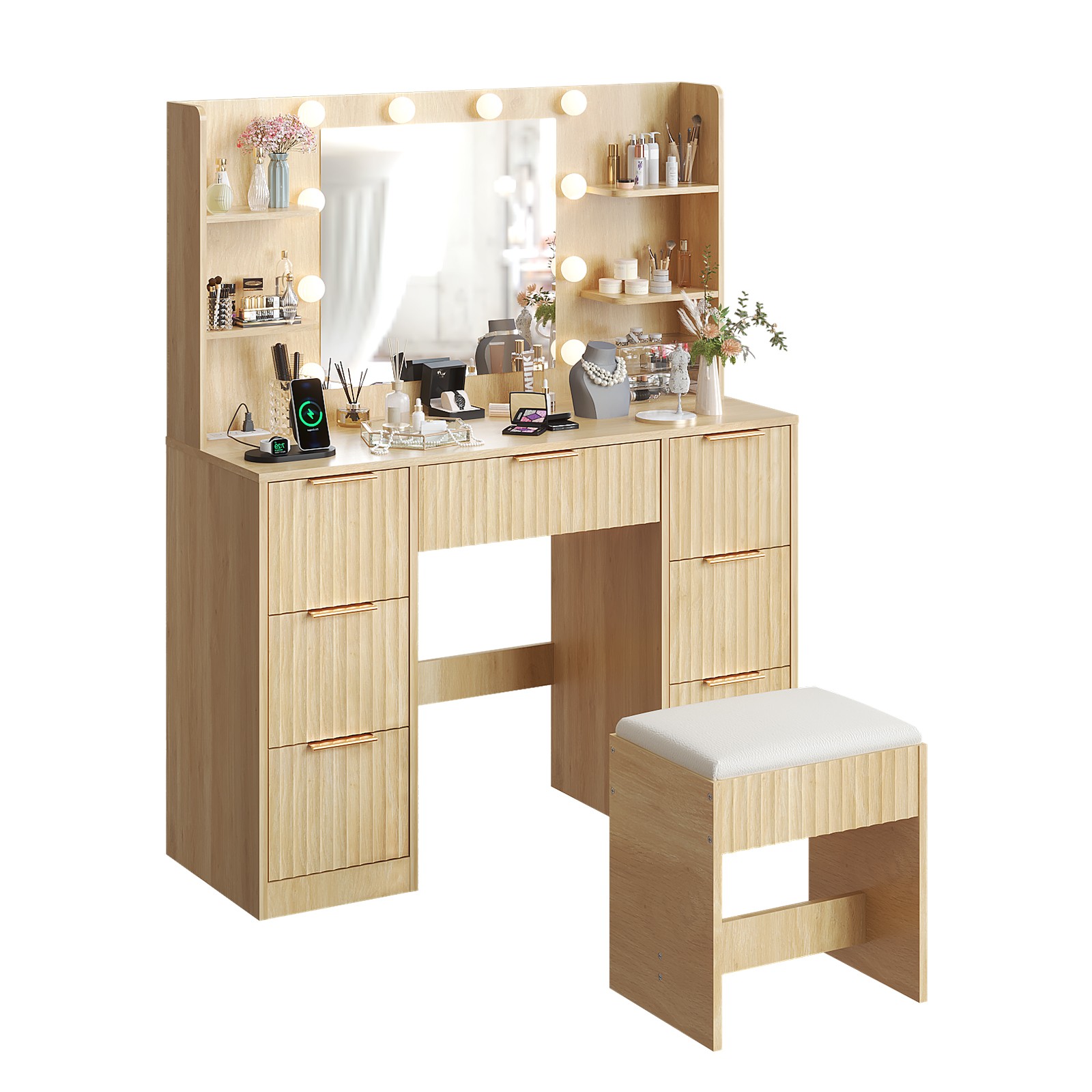 Oak-colored Particleboard with A 7-drawer 4-shelf Dressing Table Set Power Strip gallery