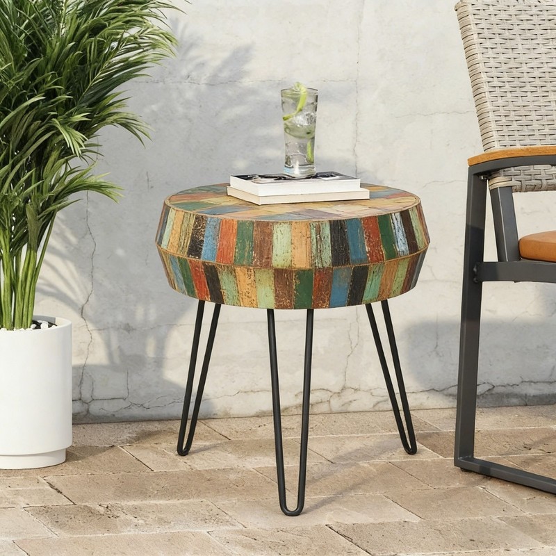 Greenage Side End Table Solid Reclaimed Wood Nightstand Round 3D Round 23.5" H gallery