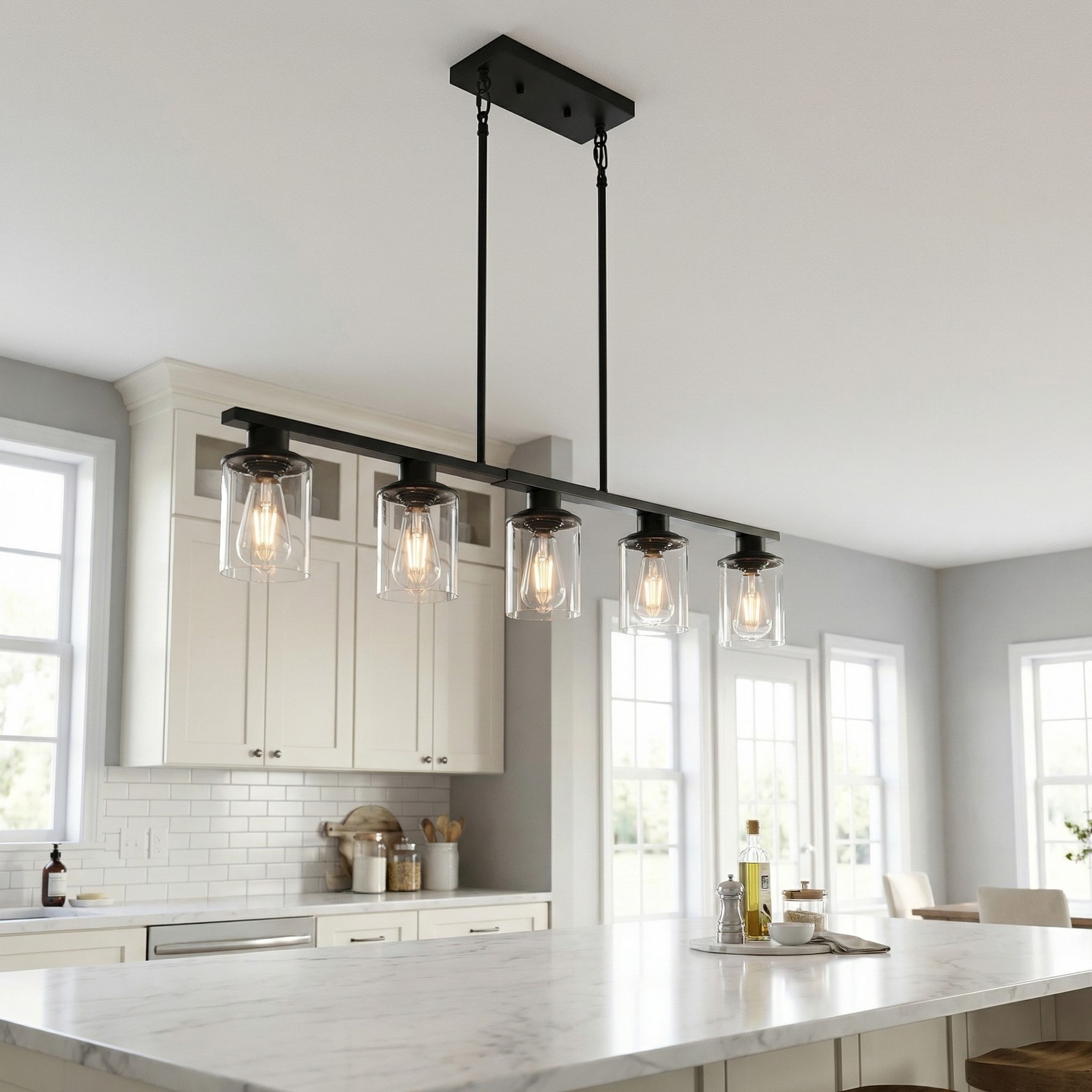 37'' Pendant 5 Light Farmhouse Linear Chandelier for Living Room Fixture Black gallery