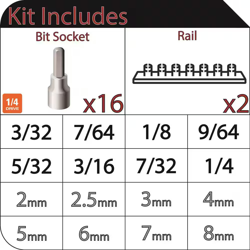 NEW 16 Piece 1/4 in Drive Hex Bit Socket Set with SAE and Metric Sizes Included gallery