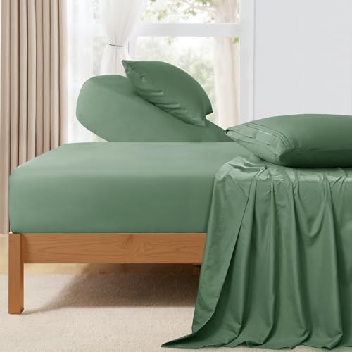 Split Head King Sheet Set - 4 Pieces Flex Top King Sheets for Sage Green gallery