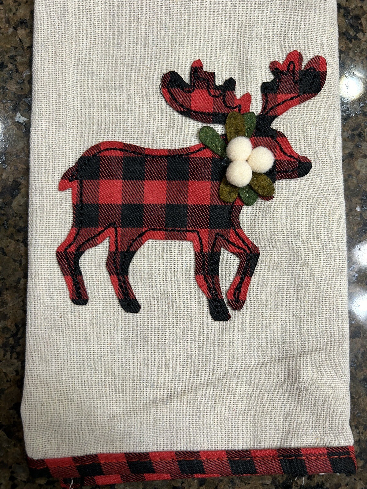 NWT Robert Stanley beige red black plaid Deer Christmas hand Towels 16" x 26" gallery