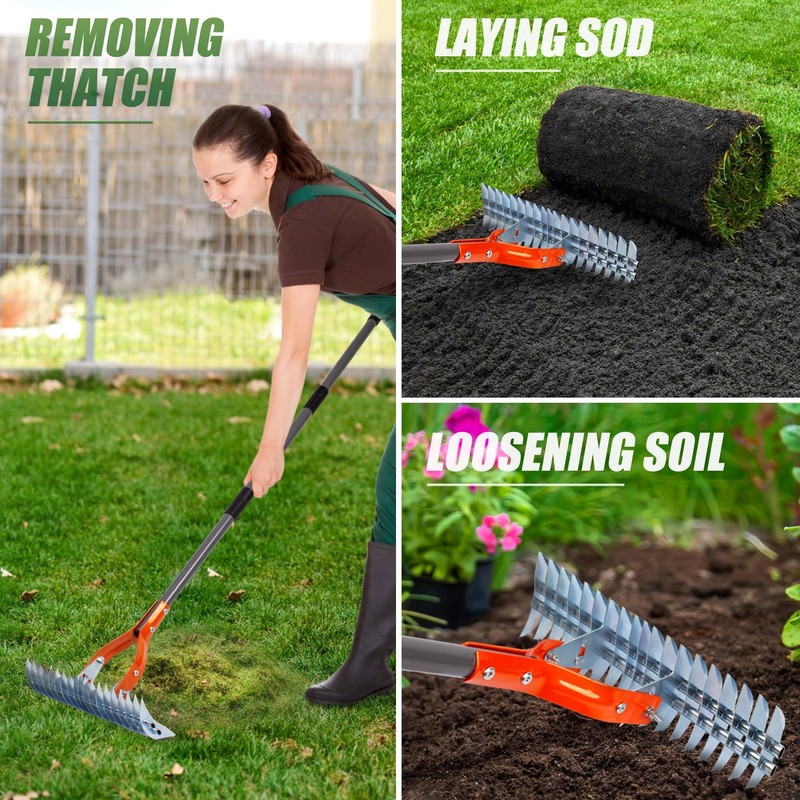 Thatch Rake for Lawn, 15Inch Dethatcher Rake with Adjustable Sectional Handle... gallery