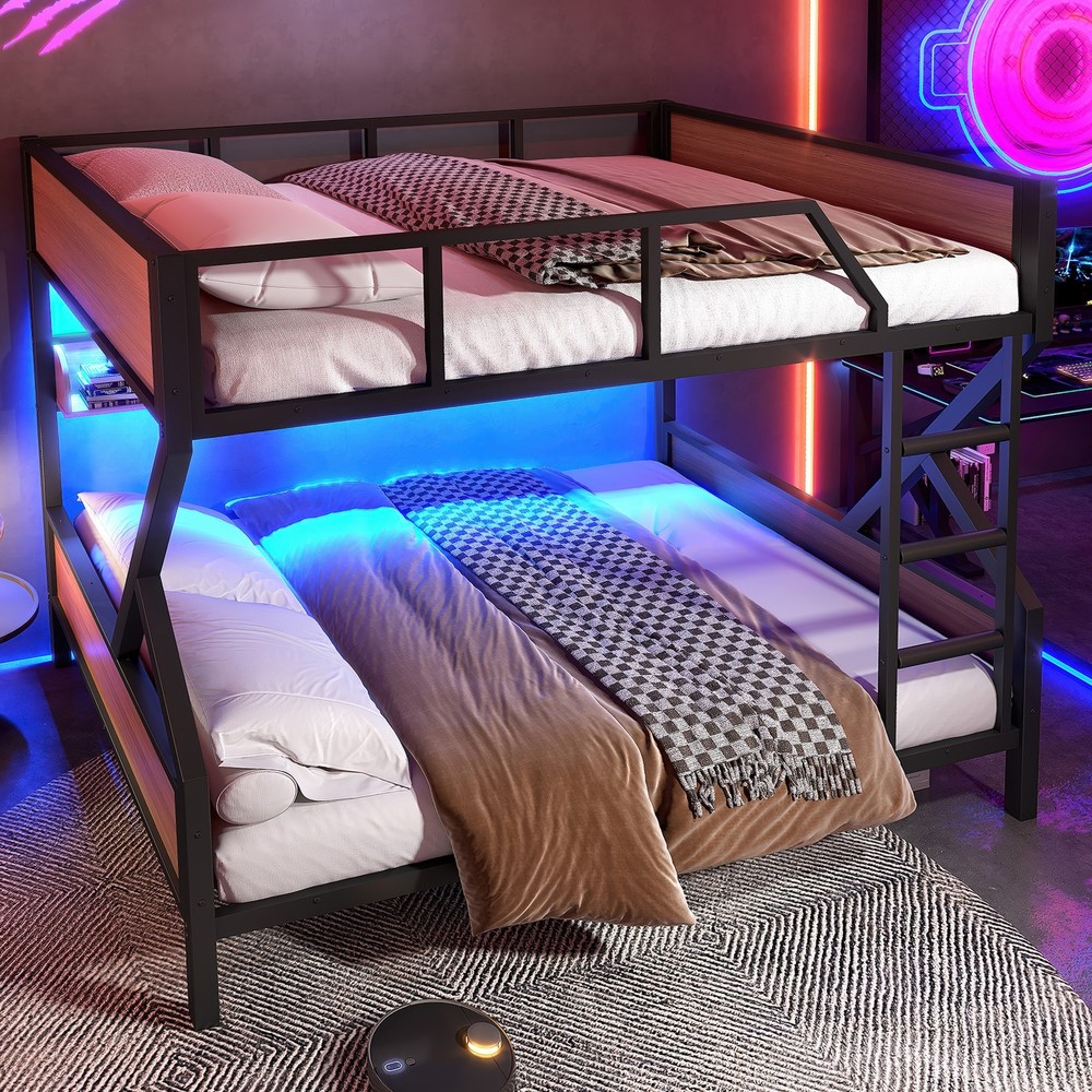 Full over Full Bunk Bed, Metal Bunk Bed with Storage Shelves & Lights Black Bed