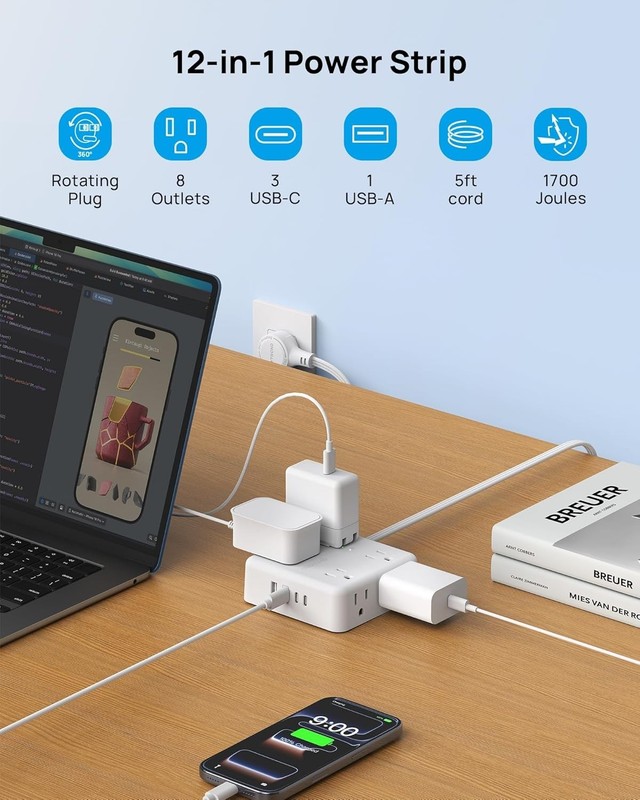 TROND 360° Rotating Flat Plug Power Strip, 5FT Extension Cord , White gallery