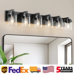 6 Lights 38 in LED Black Vanity Light Clear Glass Shade for Bathroom Mirror Wall