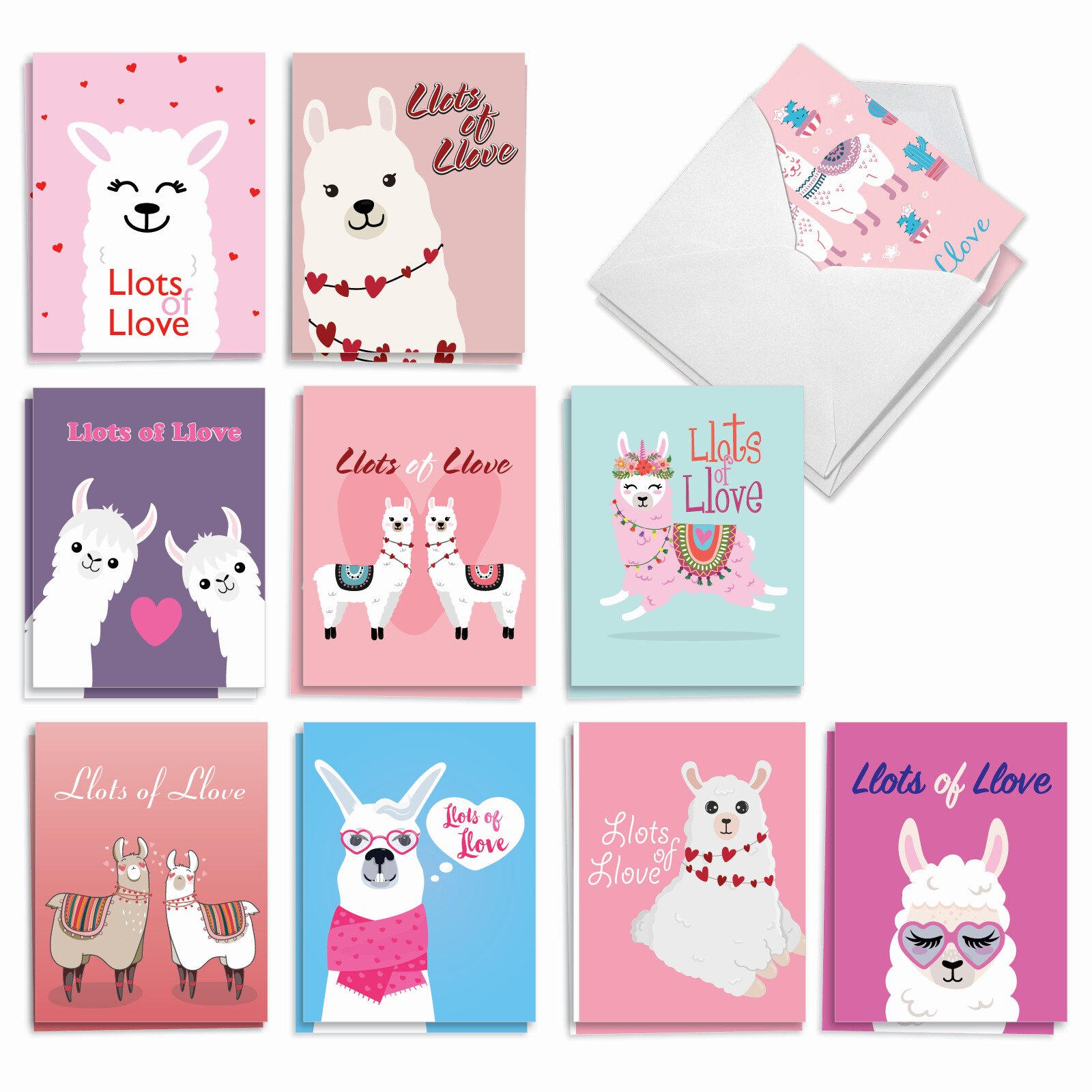 20 Asst'd Valentine's Day Note Cards w/ Envelopes(2 of Each) Llove LLlamas gallery